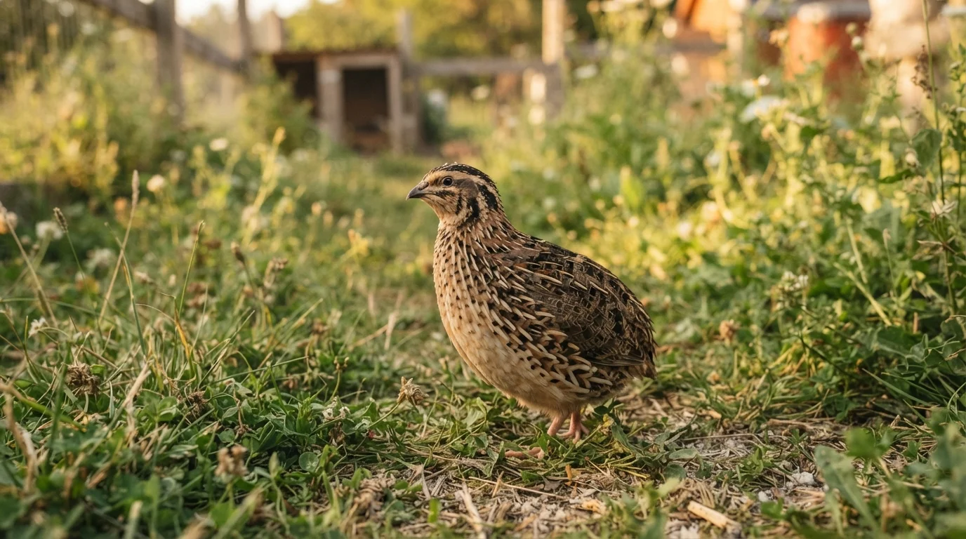 Professional homestead quail farming setup with healthy adult Coturnix quails
