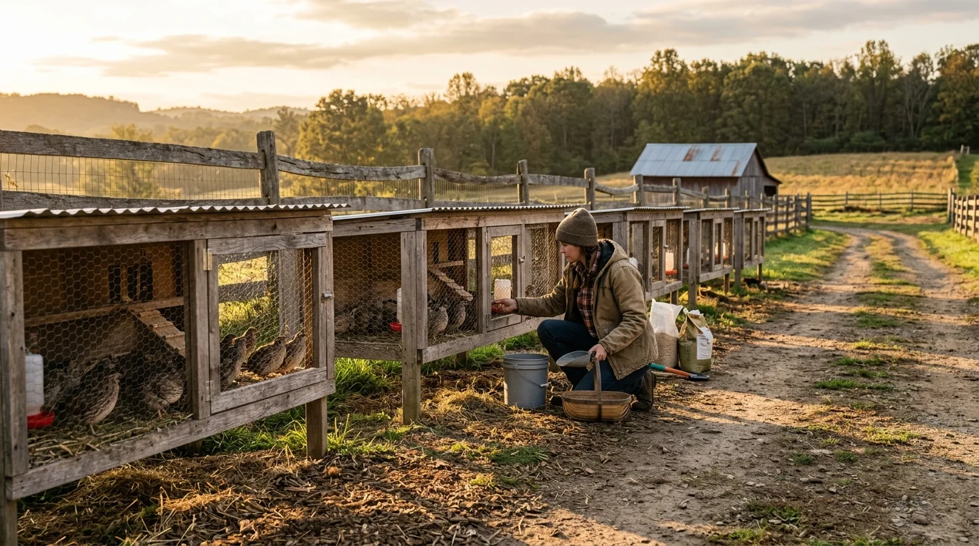 Outdoor ground-based quail aviary run with natural dust bath area and deep litter