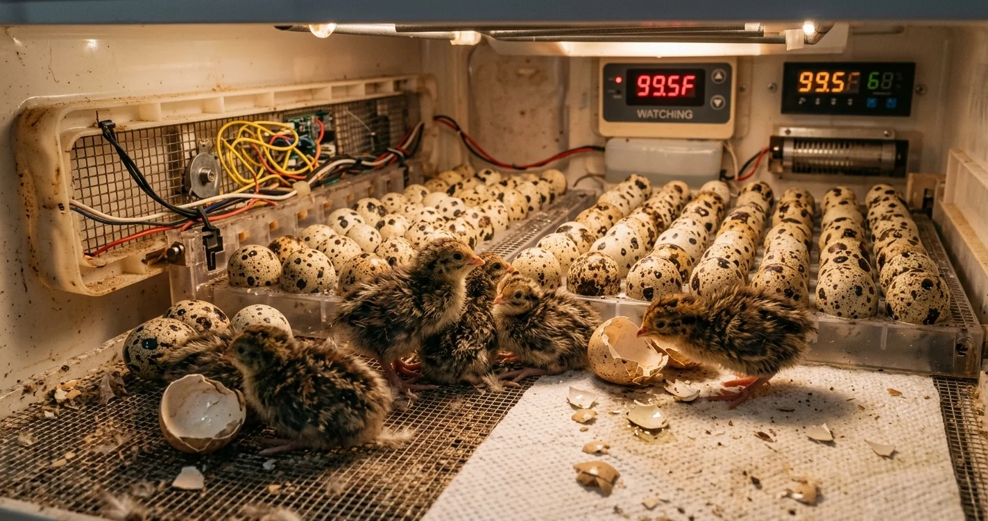 Newly hatched Coturnix quail chicks inside a digital incubator next to speckled eggs