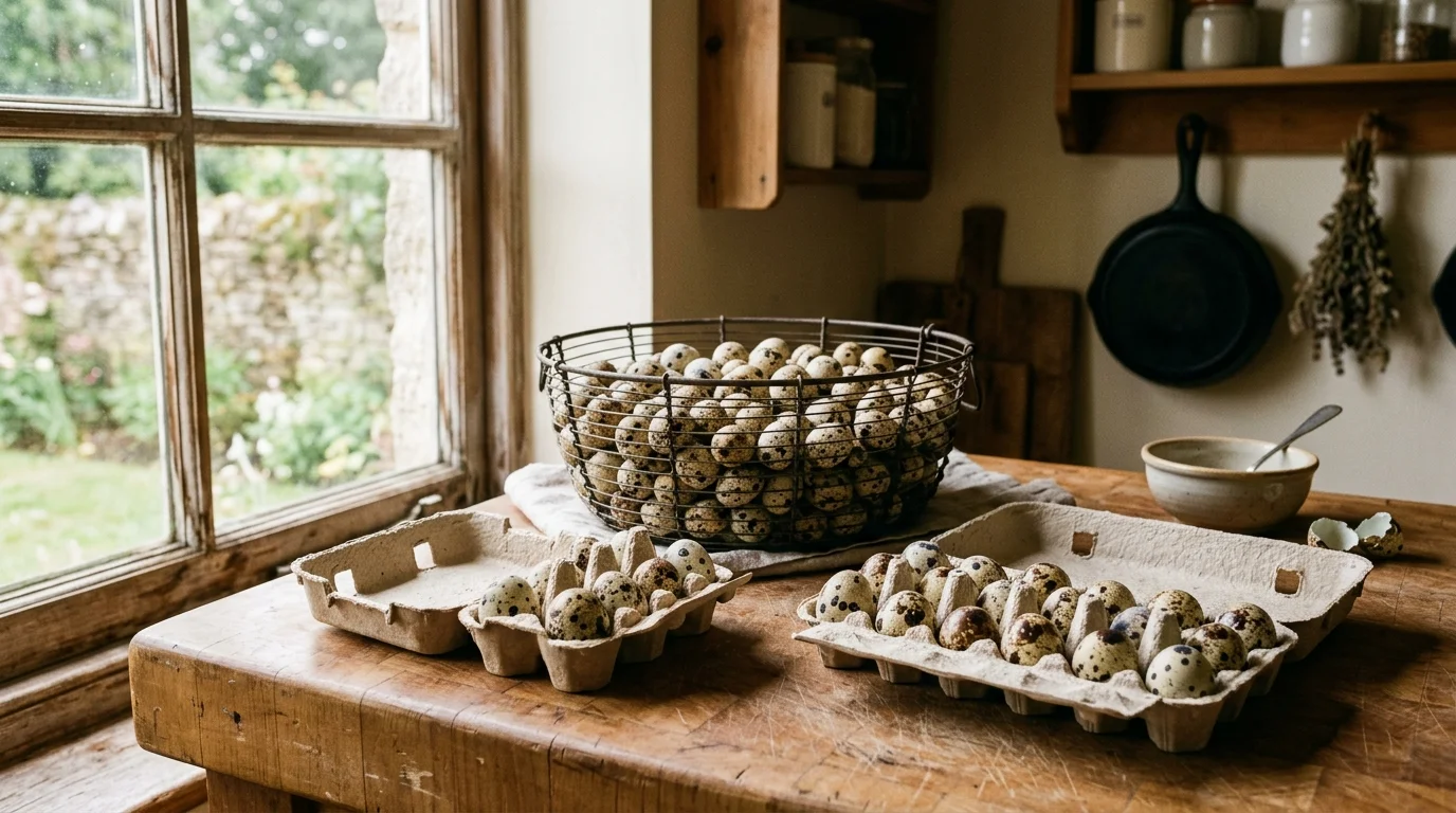 Freshly harvested speckled Coturnix quail eggs neatly packed in natural pulp cartons