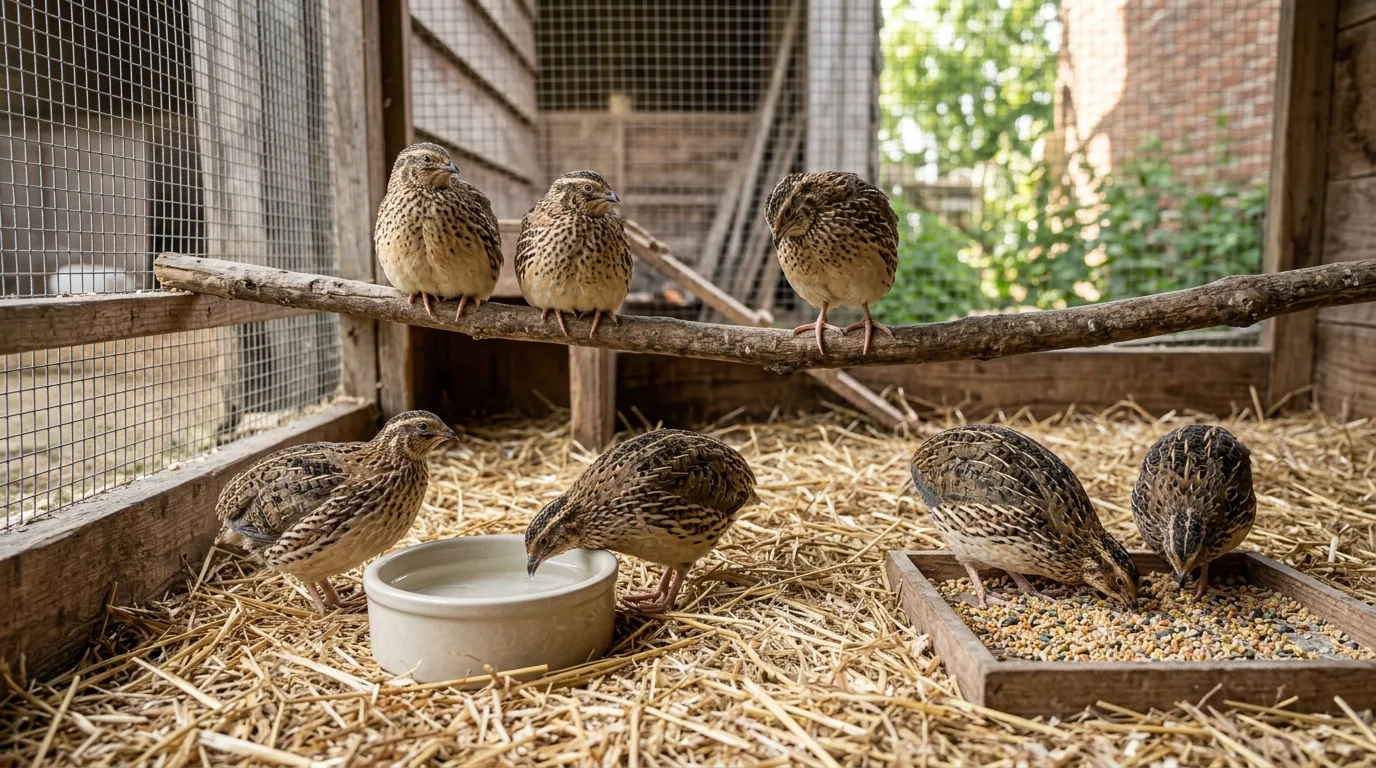 Daily care routine showing clean water nipples and fresh green forage for quails