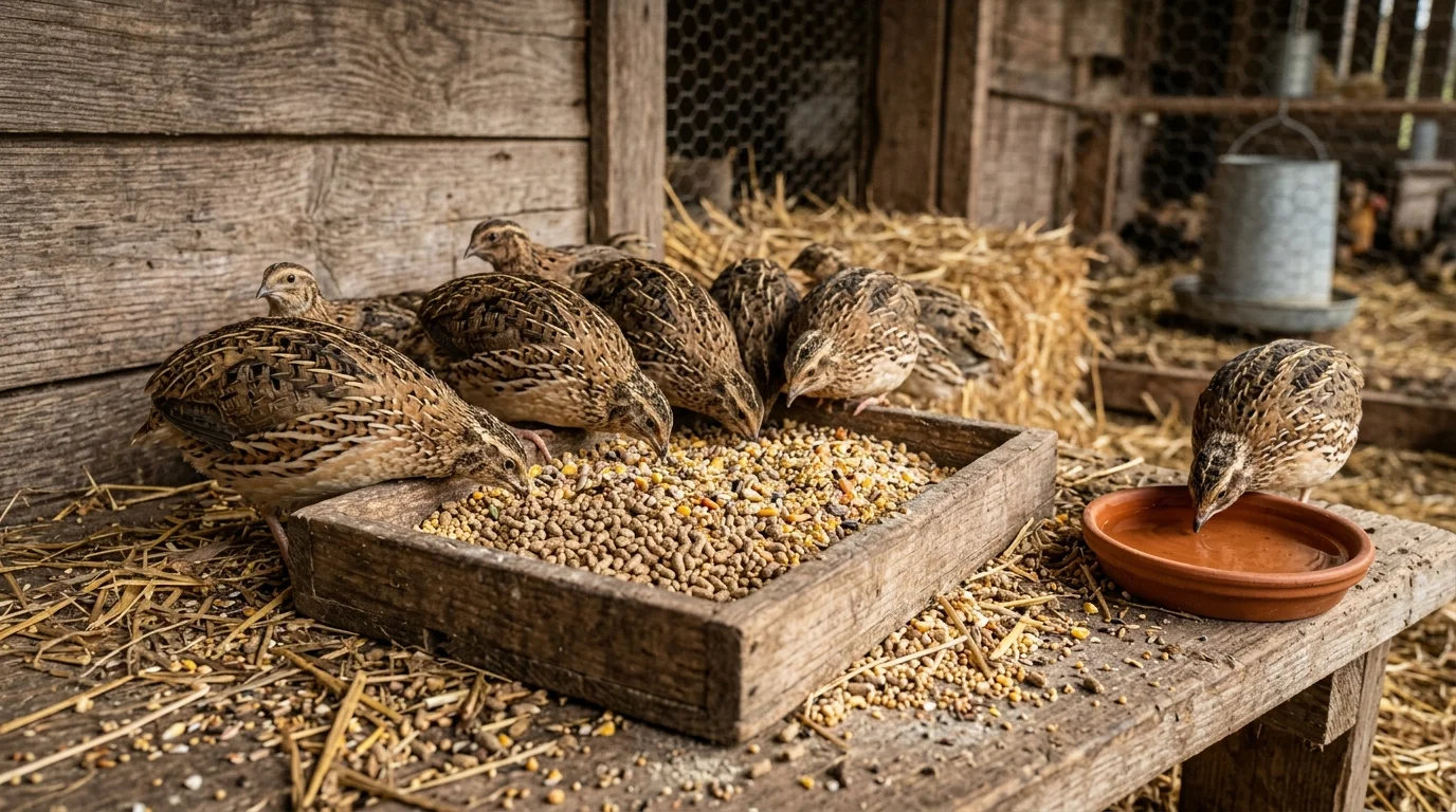 High protein gamebird quail feed in a no-waste metal trough feeder