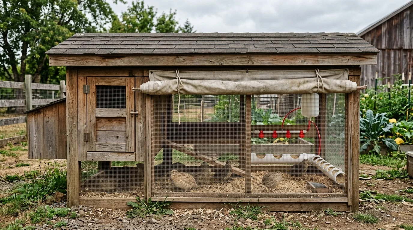 All-weather wooden quail hutch with asphalt shingle roof and windbreaker curtains